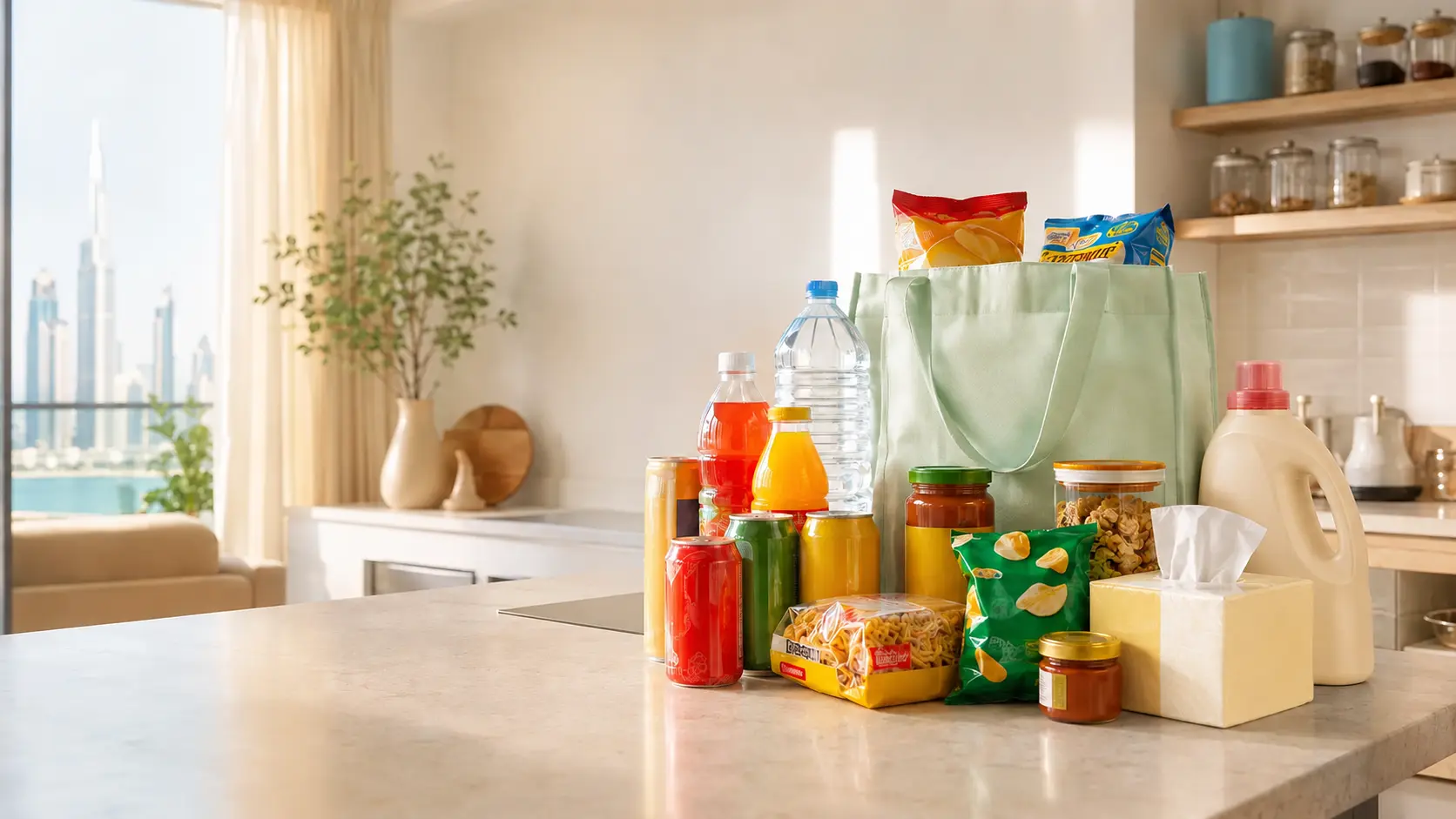 Everyday drinks, snacks and household essentials ready to unpack at home